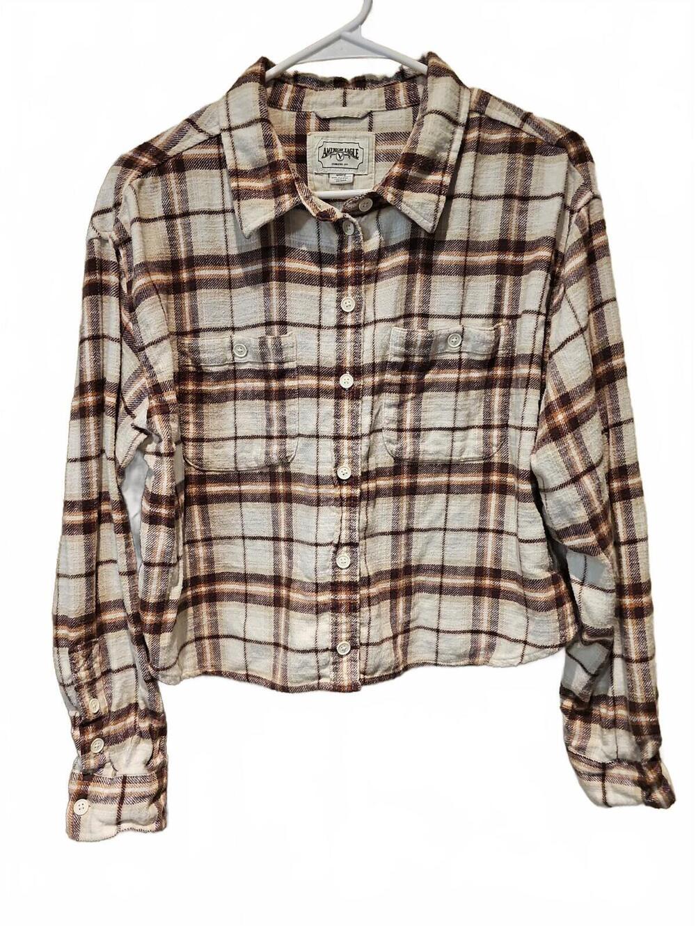 American Eagle Outfitters Brown Plaid Cropped Flannel size Medium